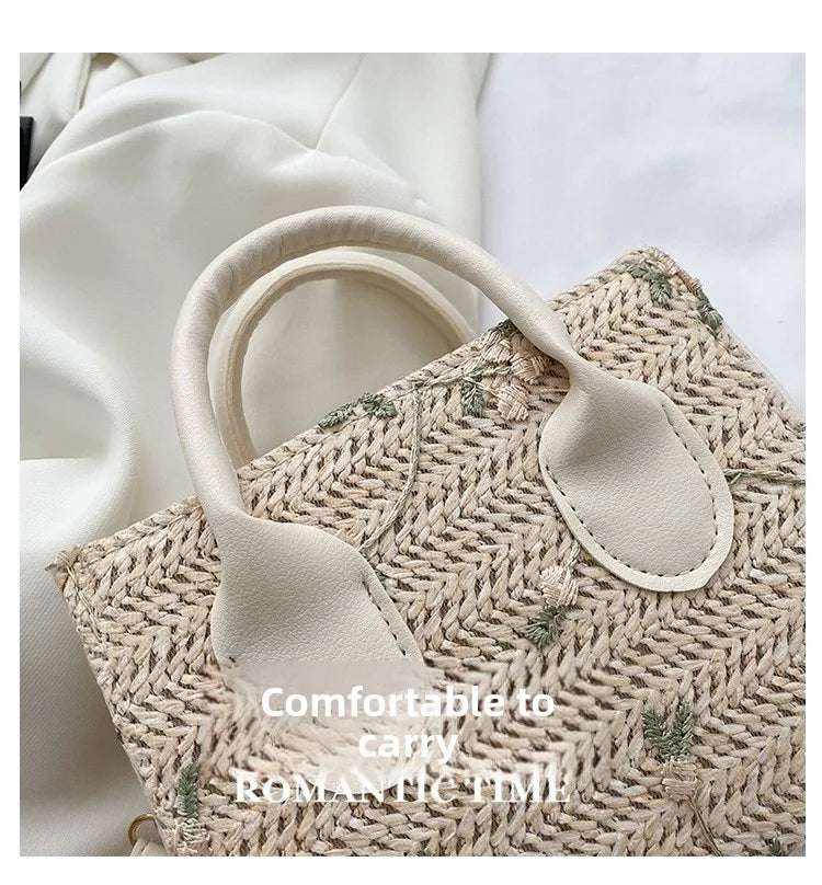 Boho Floral Embroidery Woven Handbag | Convertible Top Handle & Crossbody Bag
