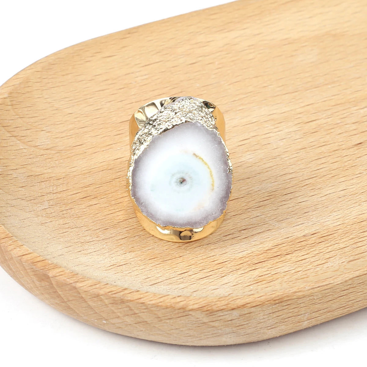 Boho Natural Agate Stone Sunflower Wide Open Ring – Gold Plated Adjustable in 6 Colors