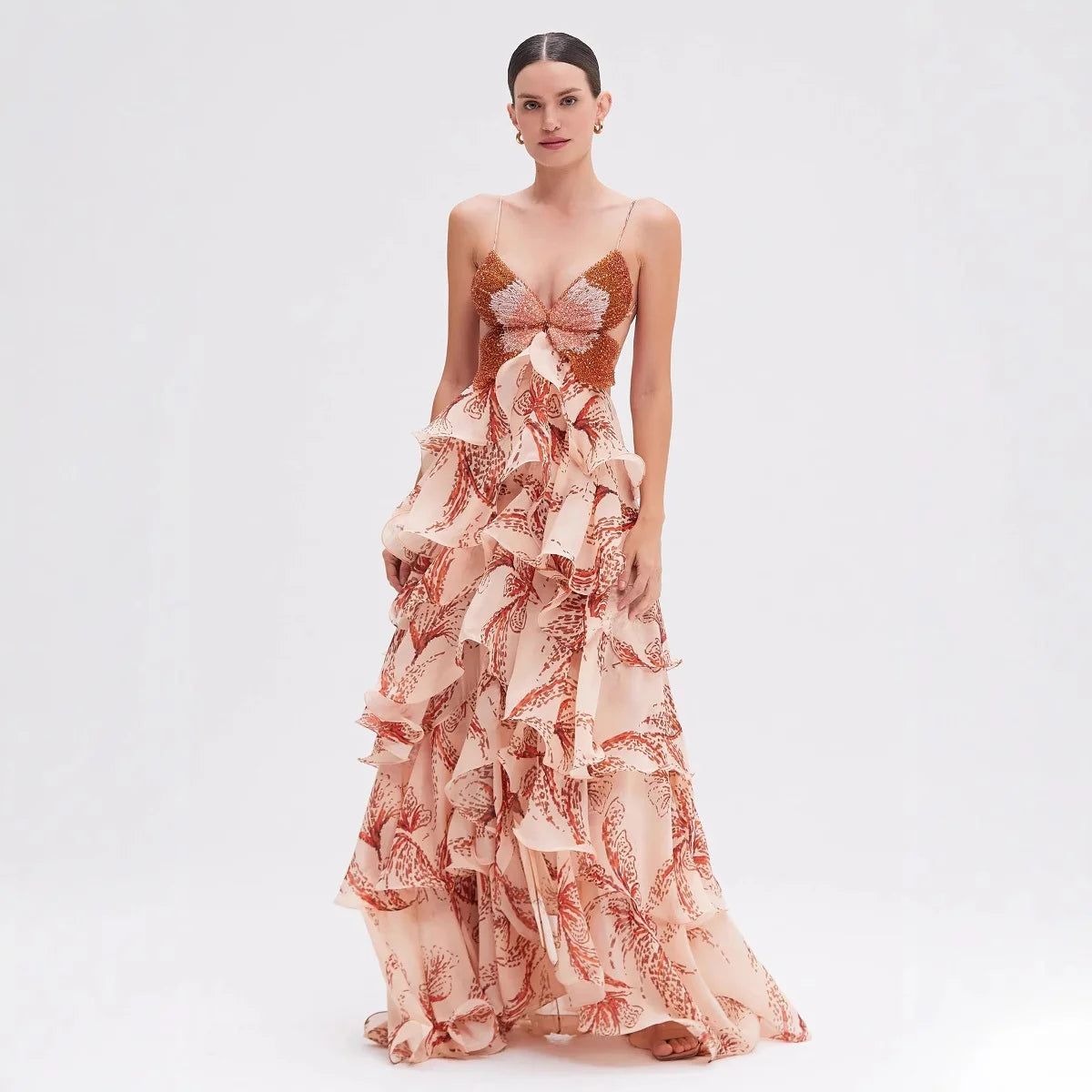 Floral Ruffle Maxi Dress | Strapless Layered Butterfly Boho