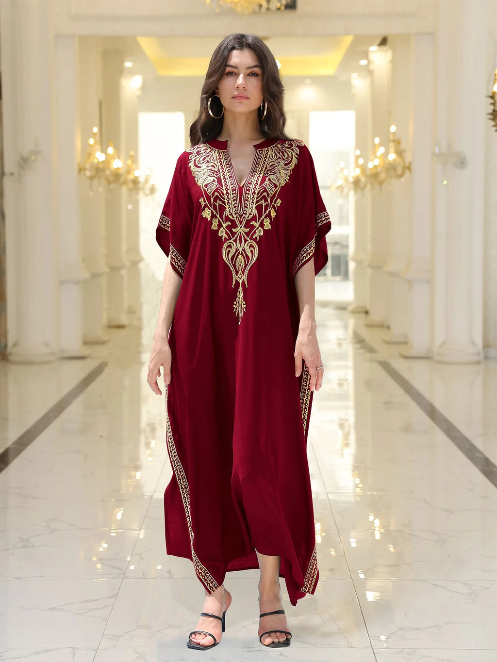 Boho Embroidered Batwing Sleeve Beach Cover-Up Dress – Loose A-Line V-Neck Summer Dress