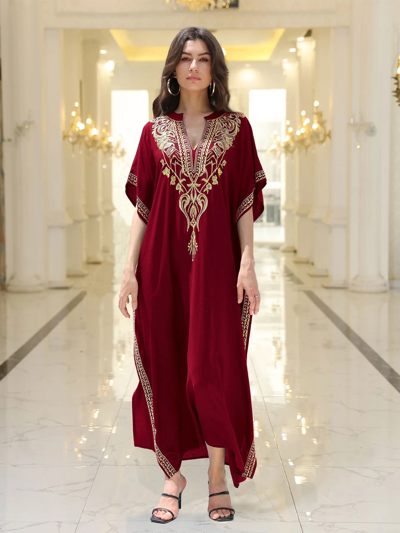 Boho Embroidered Batwing Sleeve Beach Cover-Up Dress – Loose A-Line V-Neck Summer Dress