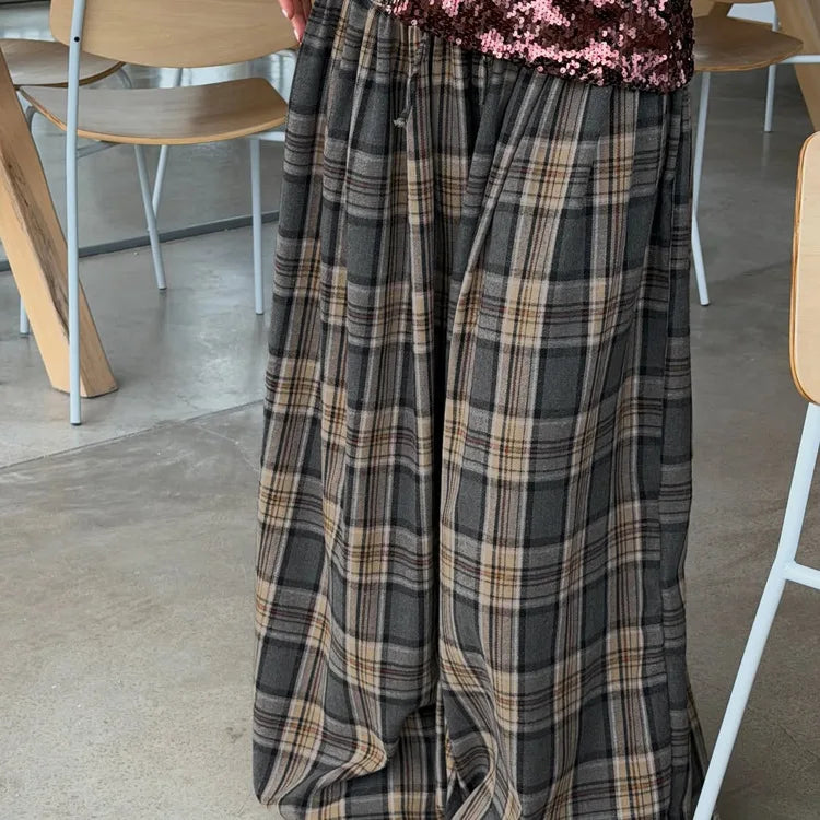 Fashion Loose Plaid Women's Pants 2026 Vintage High Waist Wide Trousers Elegant Classic Pants Female Clothing Streetwear