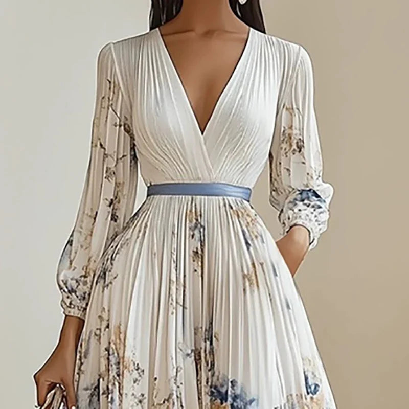 Floral Pleated Boho Maxi Dress | Deep V-Neck Long Sleeve