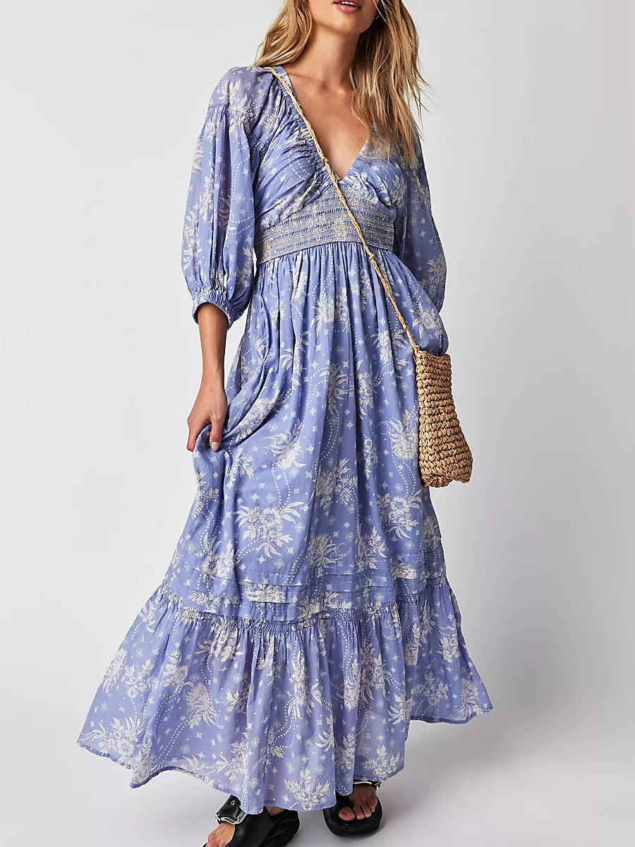 Floral Boho Midi Dress | V-Neck Puff Sleeve Hollow-Out