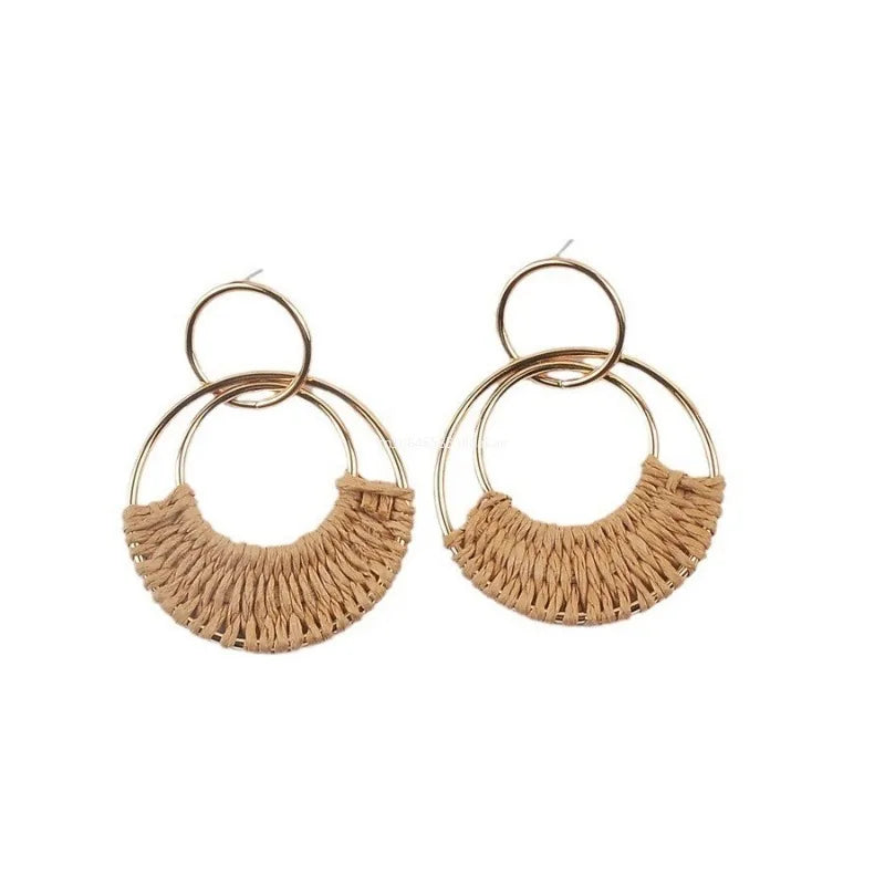 Boho Rattan Wicker Hoop Earrings – Straw Round Dangle Drop Earrings for Women