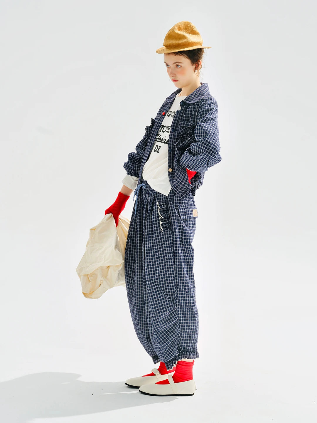 Women's Blue Plaid Wide Leg Pants – Casual Elastic Waist Trousers