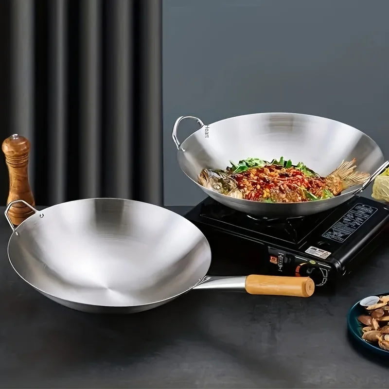 Stainless Steel Dual Handle Wok | Uncoated Thick Chef's Pan with Lid
