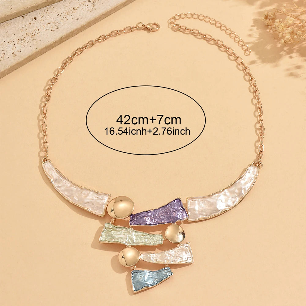 Boho Colorful Enamel Geometric Bib Necklace | Hammered Statement Necklace for Women