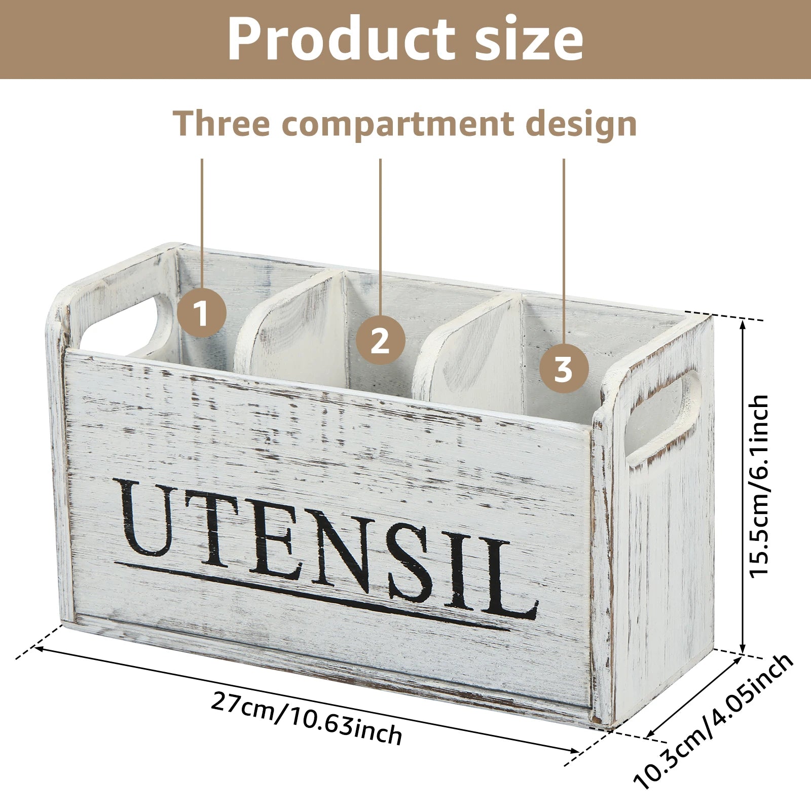 Wood Kitchen Utensil Holder | 3-Compartment Farmhouse Caddy Organizer