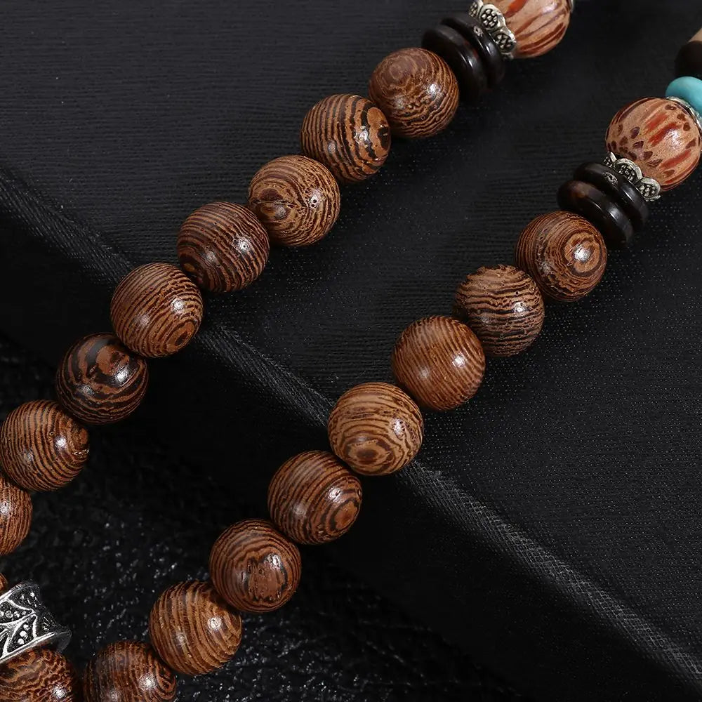 Boho Handmade Nepal Buddhist Mala Wood Bead Long Pendant Necklace – Unisex Ethnic Jewelry
