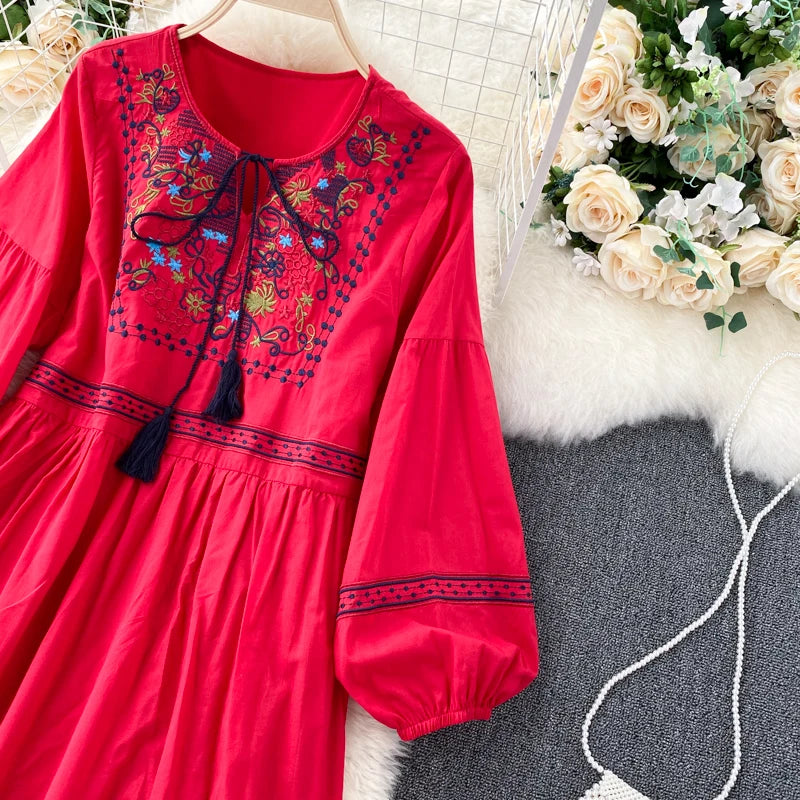 Embroidered Lantern Sleeve Boho Midi Dress | Lace-Up A-Line