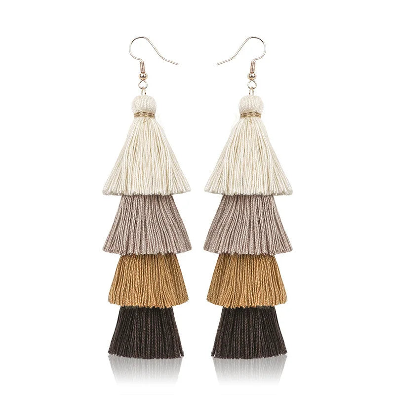 Boho 4-Layer Tassel Fringe Dangle Earrings – Ethnic Long Statement Drop Earrings