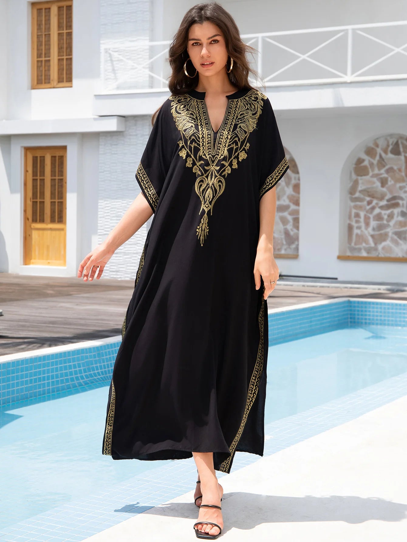 Boho Embroidered Batwing Sleeve Beach Cover-Up Dress – Loose A-Line V-Neck Summer Dress
