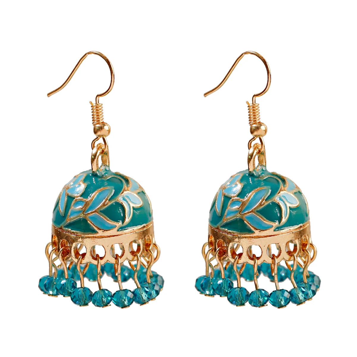 Boho Ethnic Flower Enamel & Bell Tassel Drop Earrings – Vintage Gold Crystal Bead
