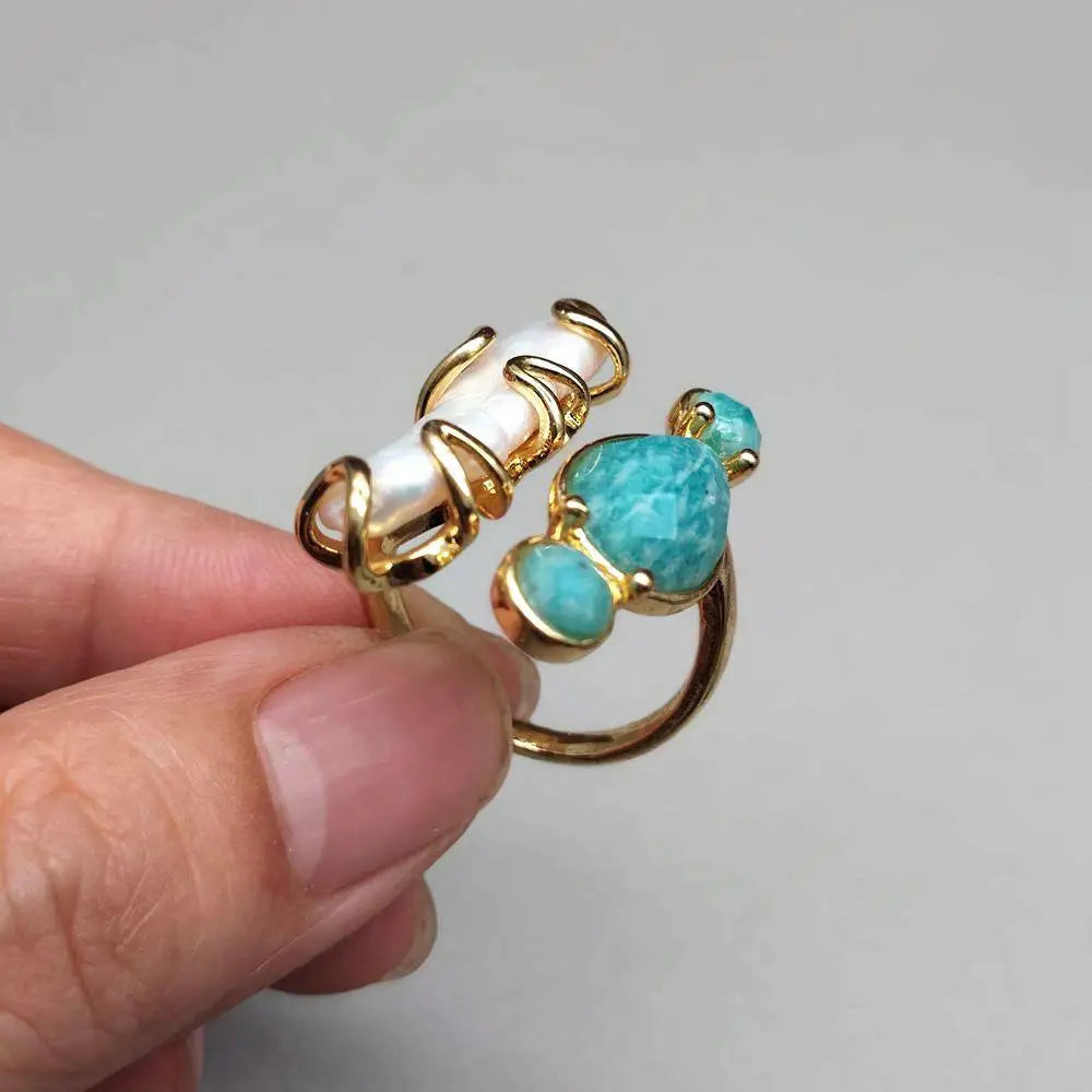 10x28mm Freshwater White Biwa Pearl Green Amazonite Rings Adjustable Girlfriend Gifts