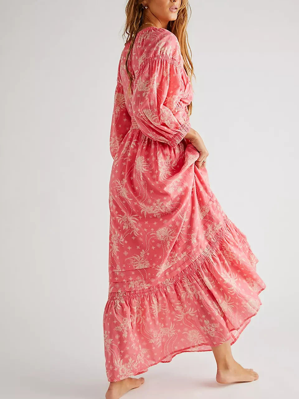 Floral Boho Midi Dress | V-Neck Puff Sleeve Hollow-Out