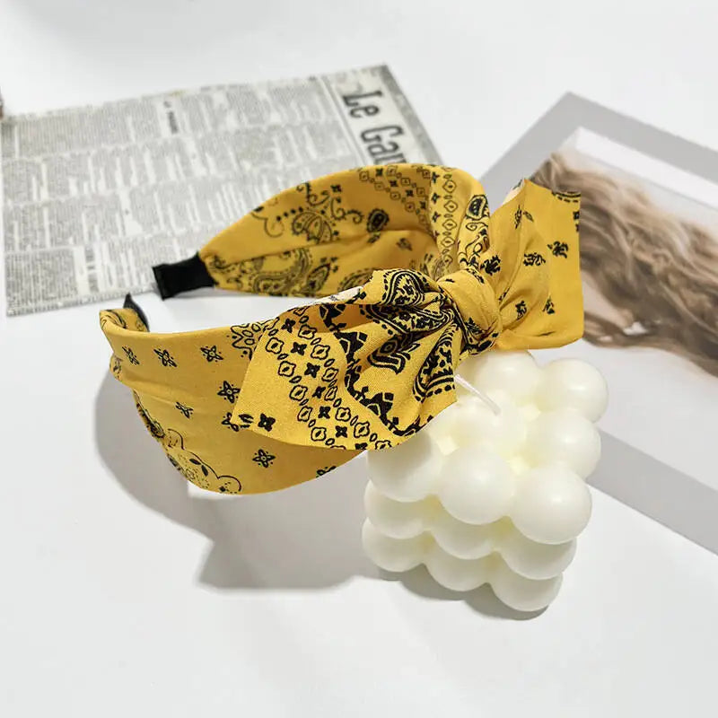 Boho Bow Print Wide Headband – Vintage Silk Cross-Knot Hair Hoop