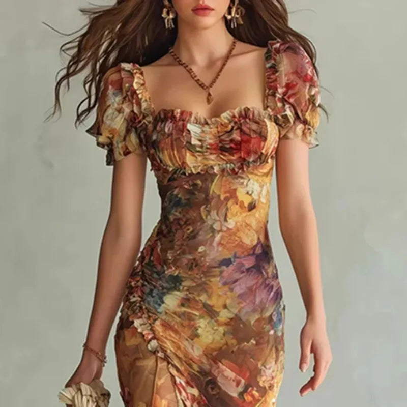 Floral Ruched Split Maxi Dress | Square Neck Puff Sleeve Boho