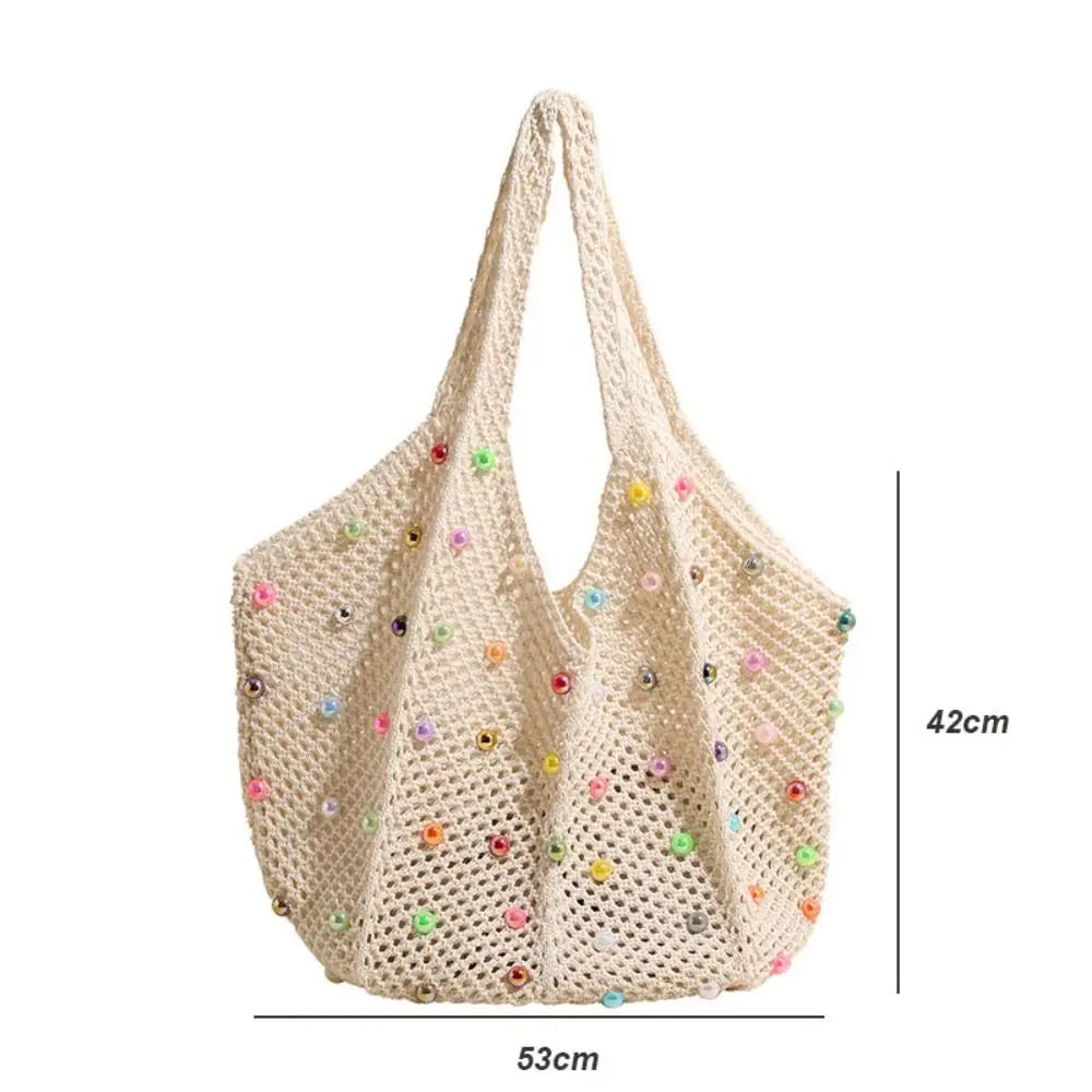 Boho Crochet Beach Tote Bag | Large Hollow Knit Bag with Colored Bead Detail