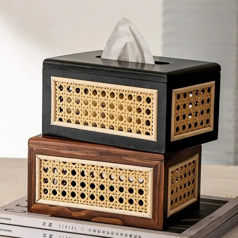 Rattan Tissue Box Living Room Bedroom Desktop Napkin Wet Wipes Container Case Wooden Bathroom Paper Holder Home Decor