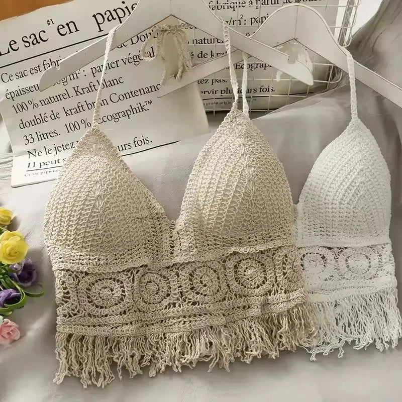 Boho Crochet Halter Bralette Top | Knit Crop Top with Tassel Fringe