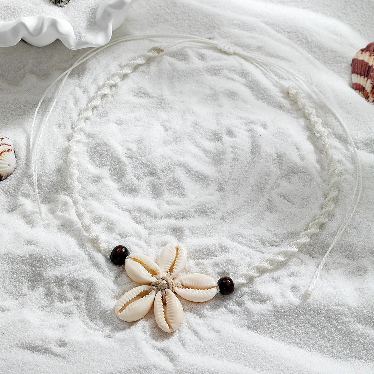 Boho Woven Shell Flower Pendant Necklace – Adjustable Beach Rope Chain