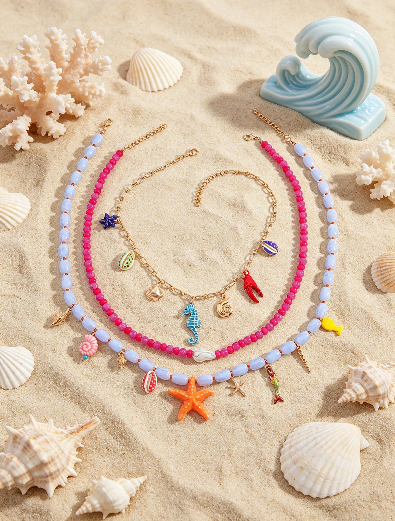 Boho Multilayer Ocean Charm Beaded Statement Necklace – Colorful Sea Animal Design