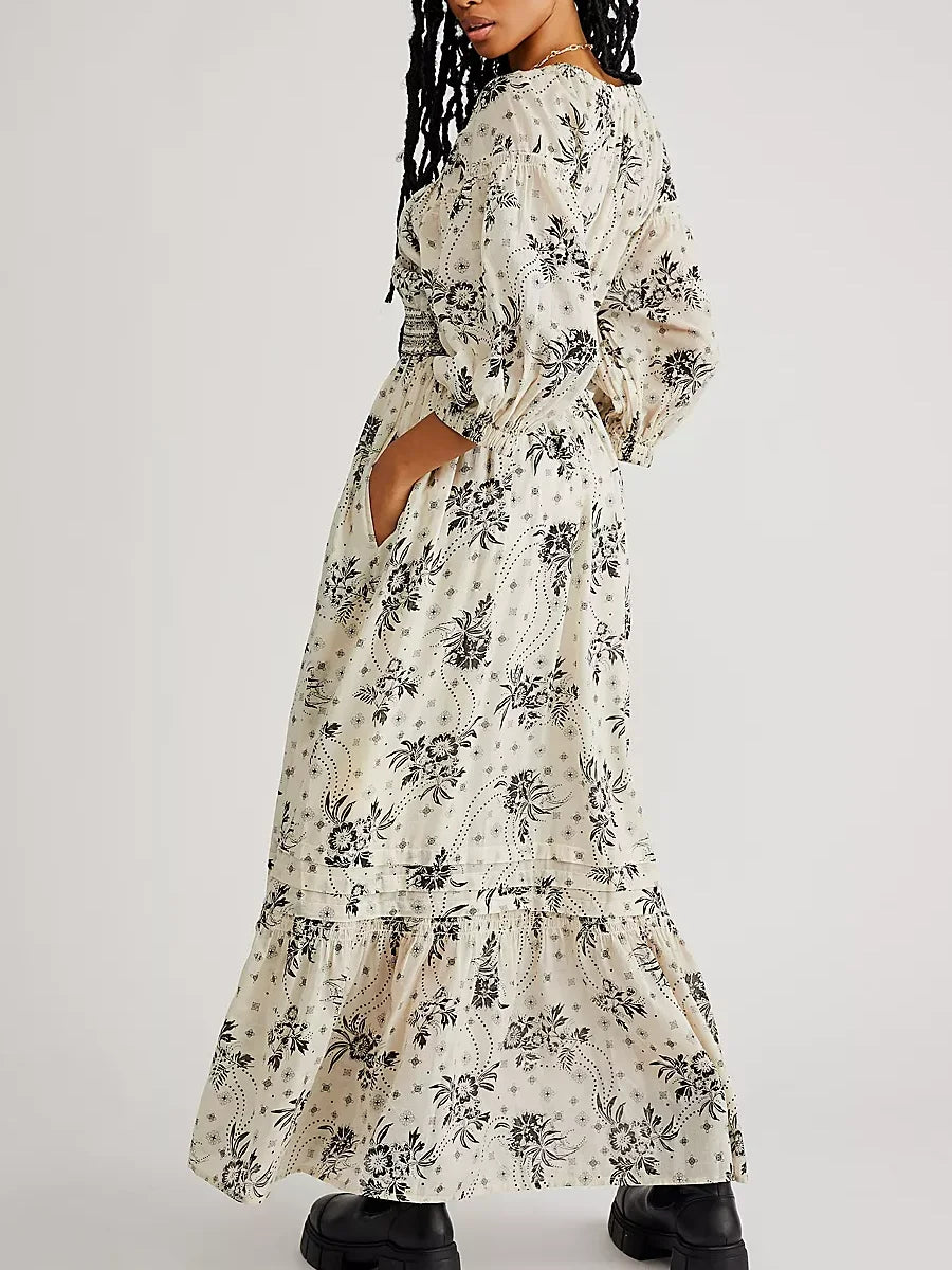 Floral Boho Midi Dress | V-Neck Puff Sleeve Hollow-Out