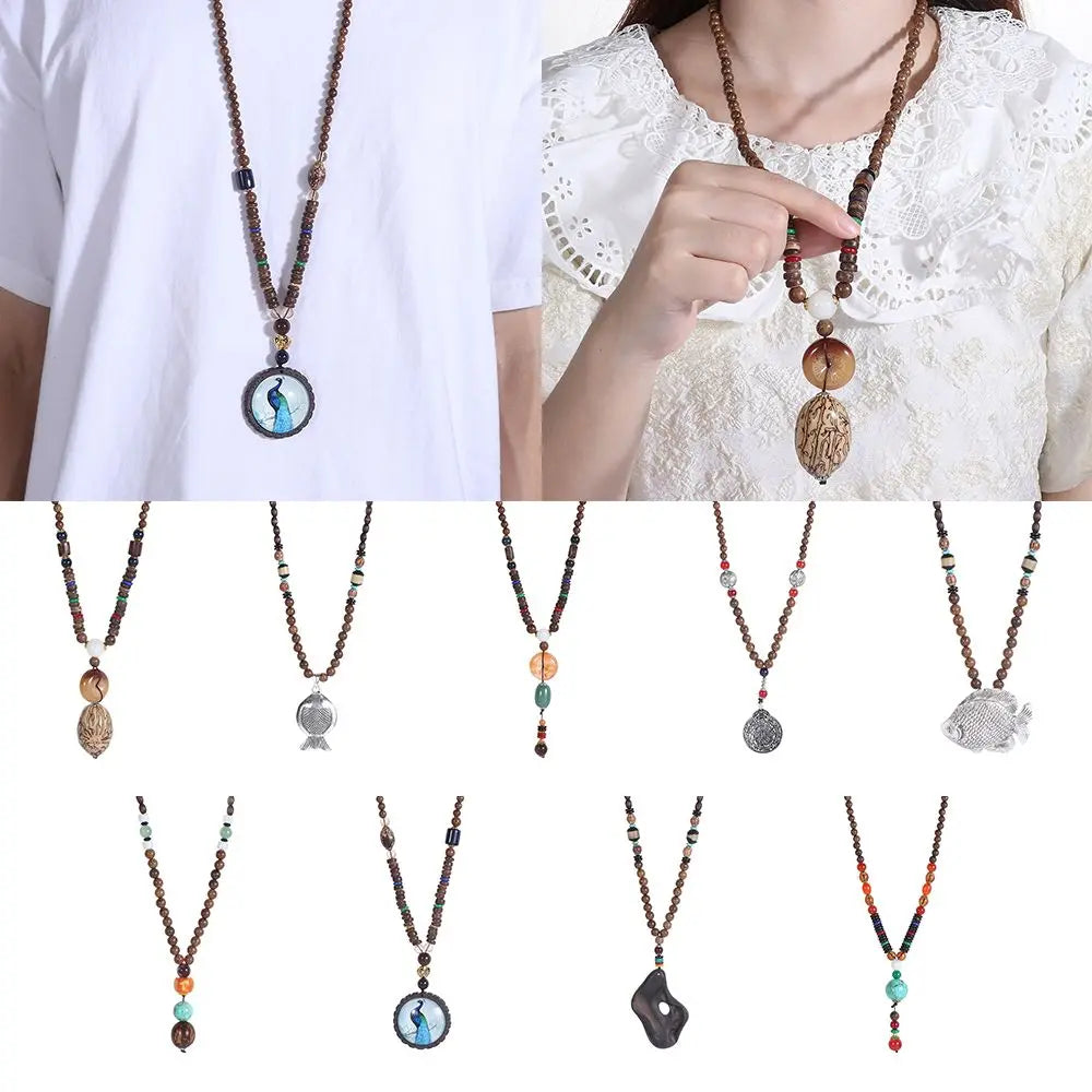Boho Handmade Nepal Buddhist Mala Wood Bead Long Pendant Necklace – Unisex Ethnic Jewelry