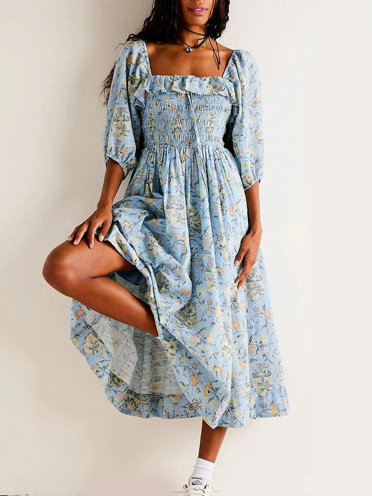 Backless Boho Maxi Dress | Puff Sleeve Empire Waist A-Line