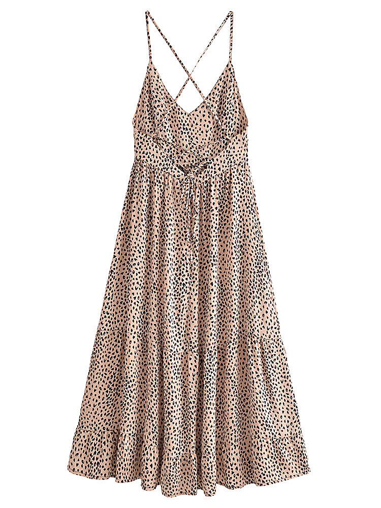 Leopard Print Boho Maxi Dress | Backless Spaghetti Strap