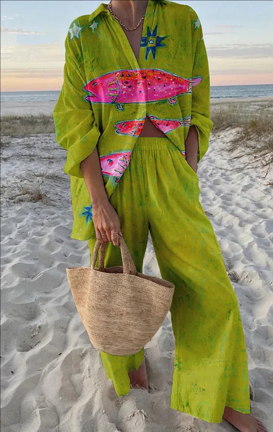 Boho Print Shirt & Pants Set | Loose Long Sleeve Button-Up Co-ord