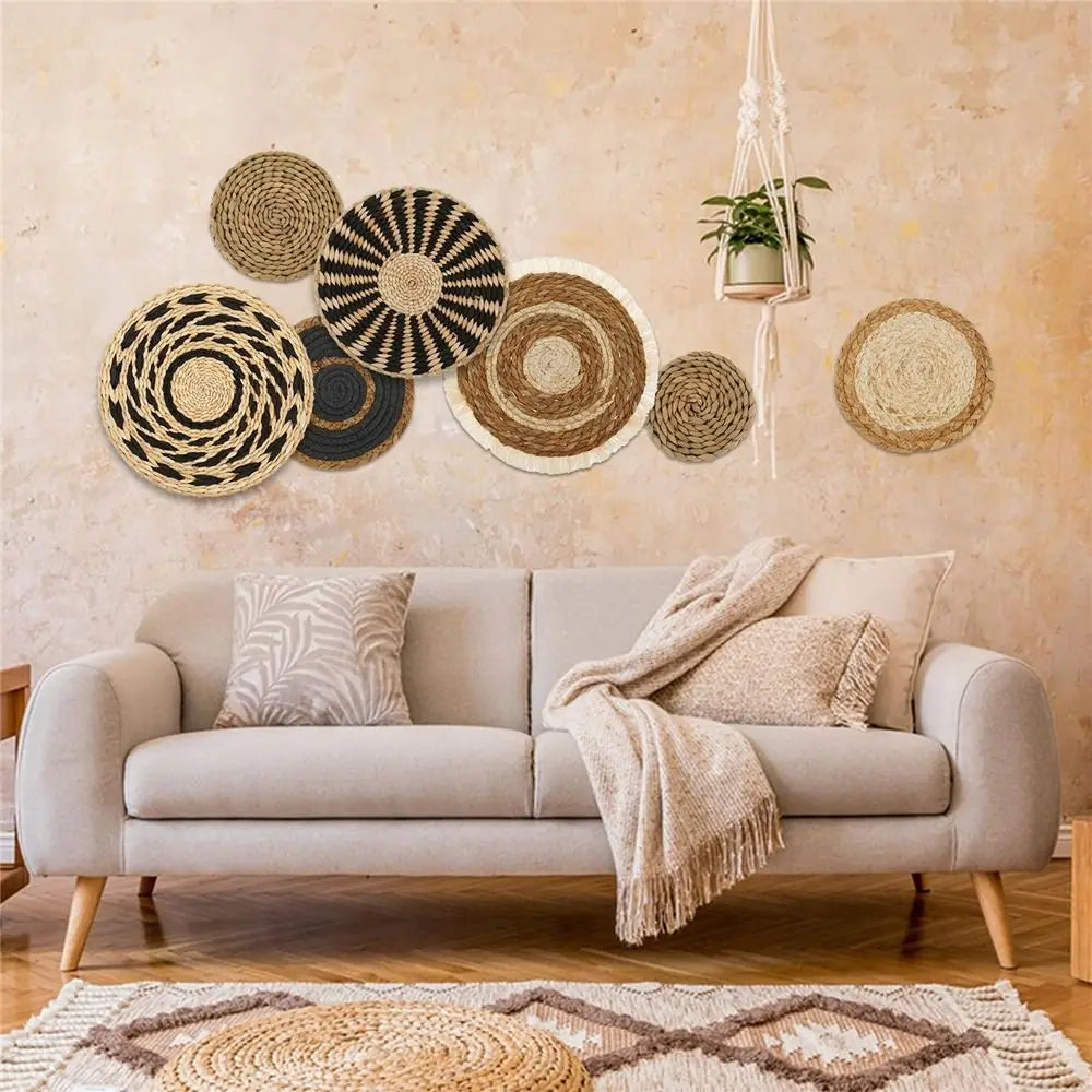 7-Piece Boho Seagrass Wall Basket Set | Hand-Woven Round Hanging Wall Decor