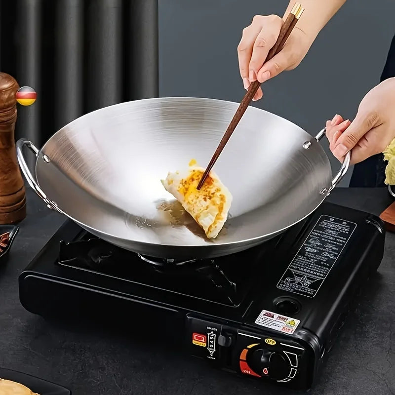 Stainless Steel Dual Handle Wok | Uncoated Thick Chef's Pan with Lid