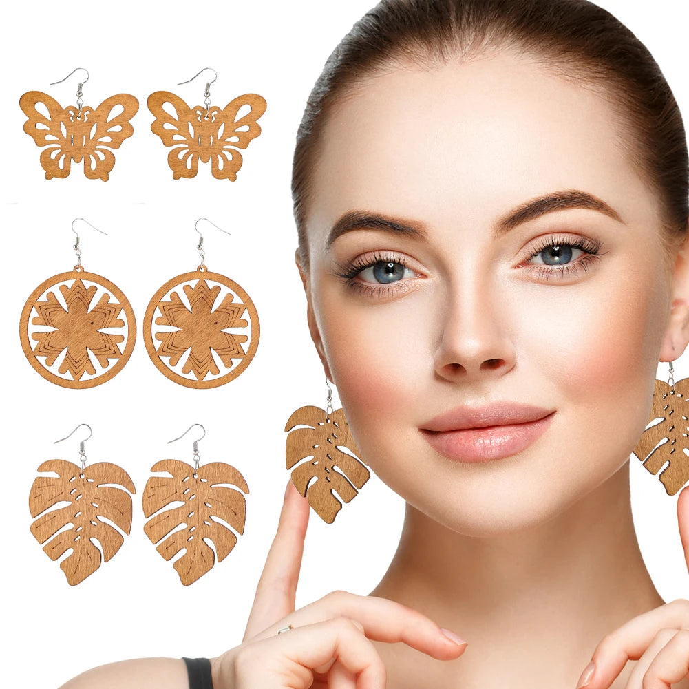 Boho Handmade Geometric Wooden Dangle Earrings – Ethnic Carved Flower & Butterfly