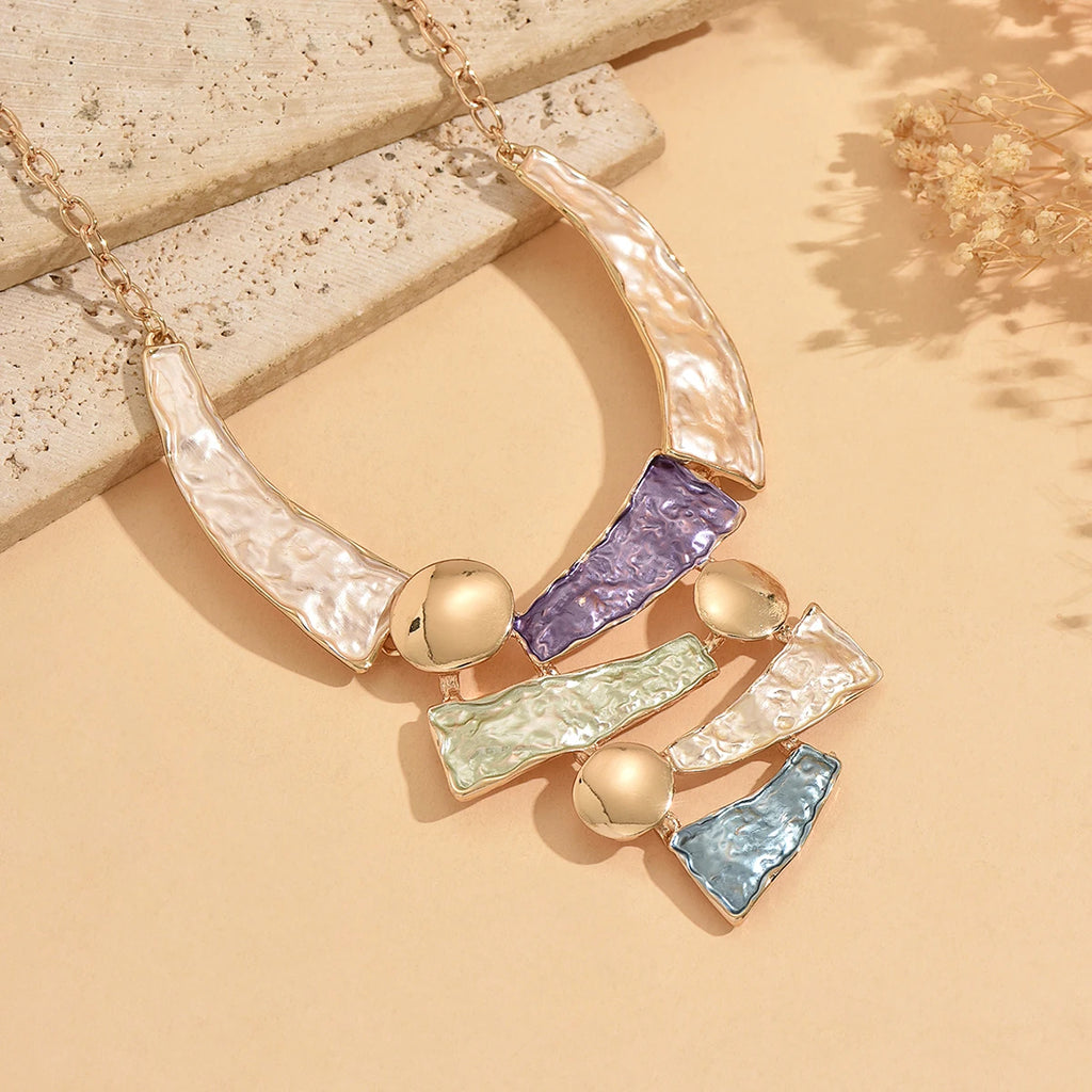 Boho Colorful Enamel Geometric Bib Necklace | Hammered Statement Necklace for Women
