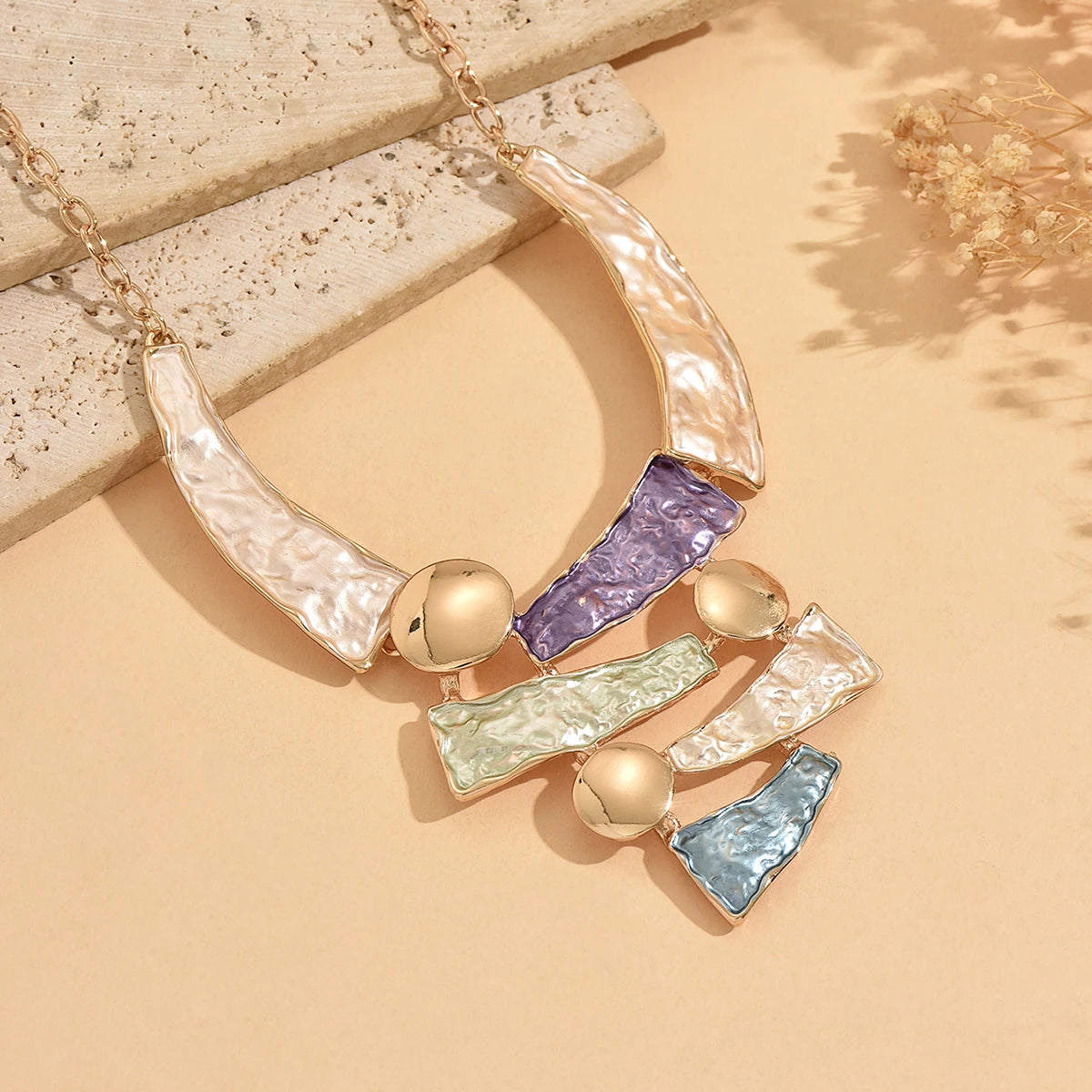 Boho Colorful Enamel Geometric Bib Necklace | Hammered Statement Necklace for Women