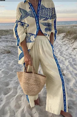 Boho Print Shirt & Pants Set | Loose Long Sleeve Button-Up Co-ord