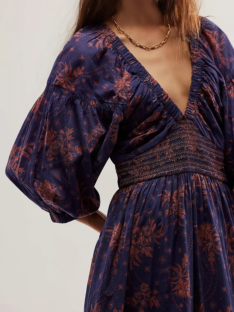 Floral Boho Midi Dress | V-Neck Puff Sleeve Hollow-Out