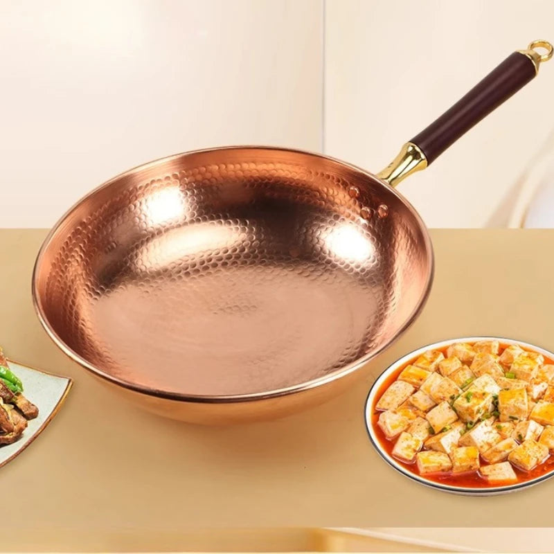 Hand-Forged Pure Copper Wok | Uncoated Traditional Wok with Beechwood Handle