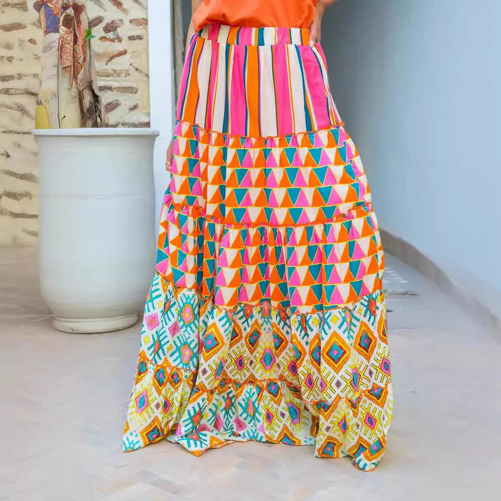Boho Print A-Line Maxi Skirt | Elastic Waist Ruffle Hem Beach Skirt