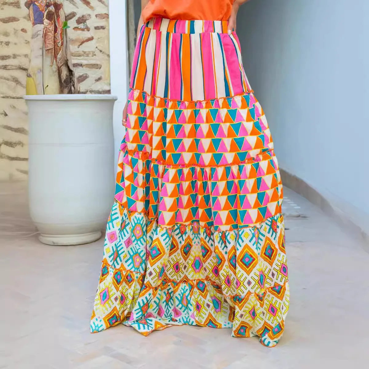 Boho Print A-Line Maxi Skirt | Elastic Waist Ruffle Hem Beach Skirt