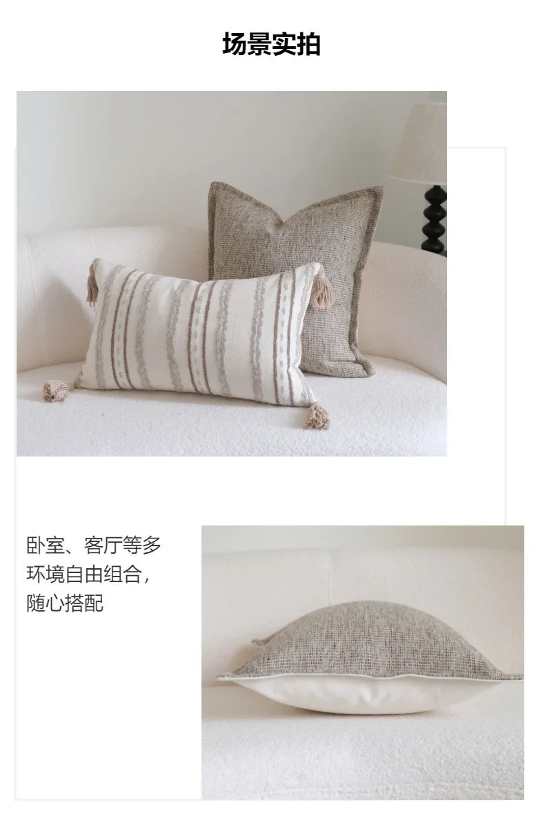 Boho Woven Tufted Cushion Cover with Tassels – Striped Farmhouse Pillow Case