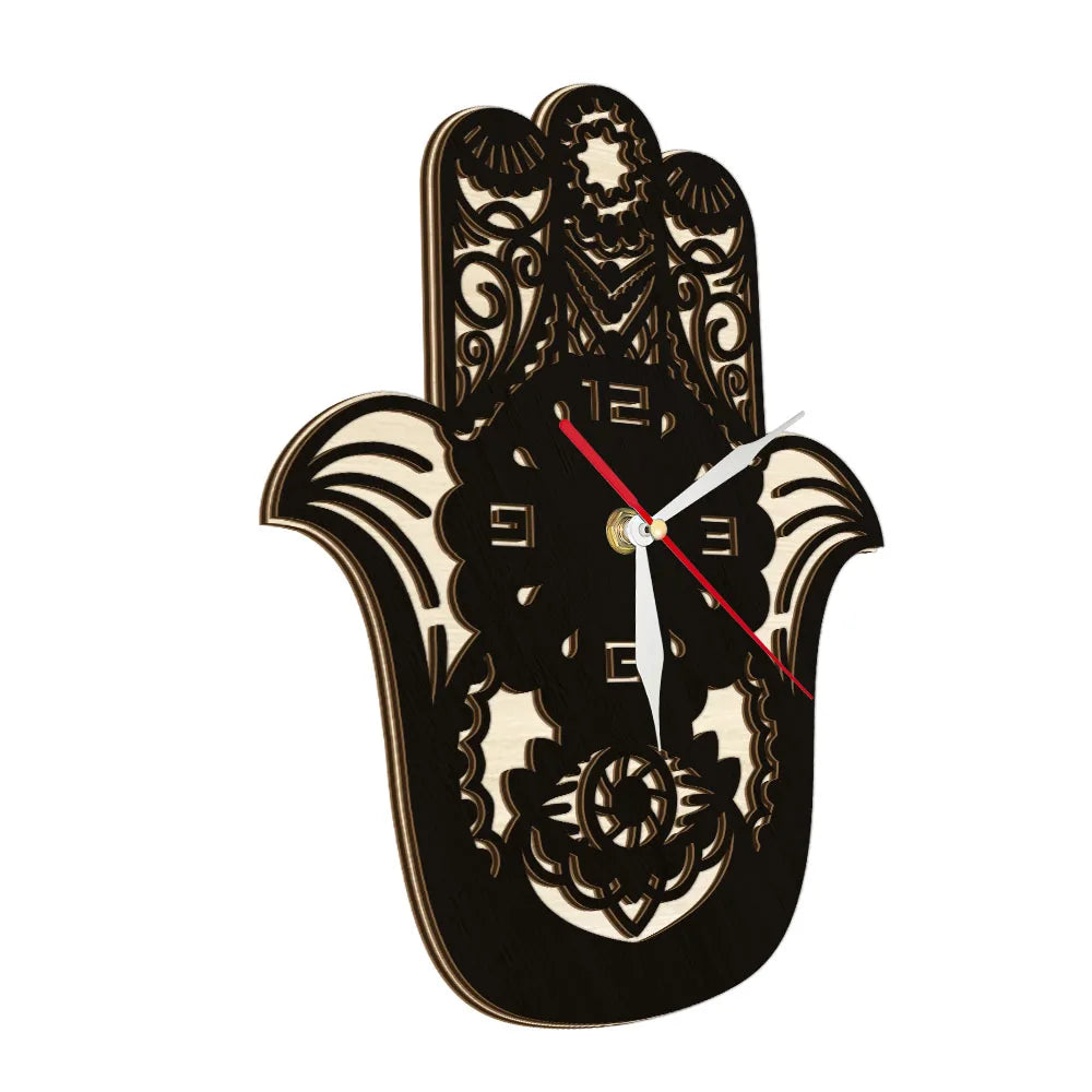 Hand Of Fatima Hamsa Natural Wooden Wall Clock For Living Room Hand Evil Boho Home Decor Symbol Of Protection Orientalist Clock