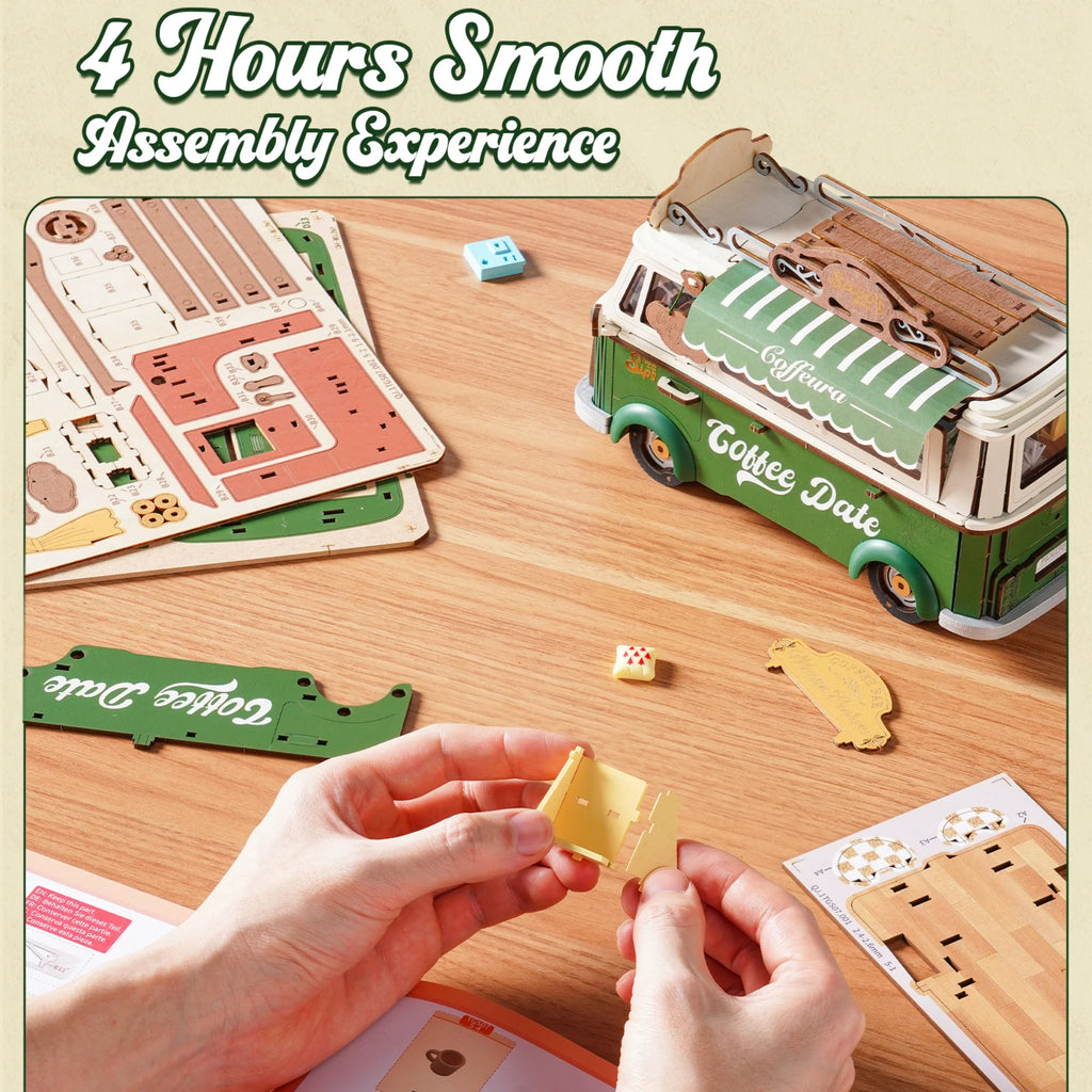 Rolife Wooden 3D Puzzle Leo's Coffee Truck Model Building Kit DIY Minature Dollhouse Toys for Home Decor Gift for Adults Kids