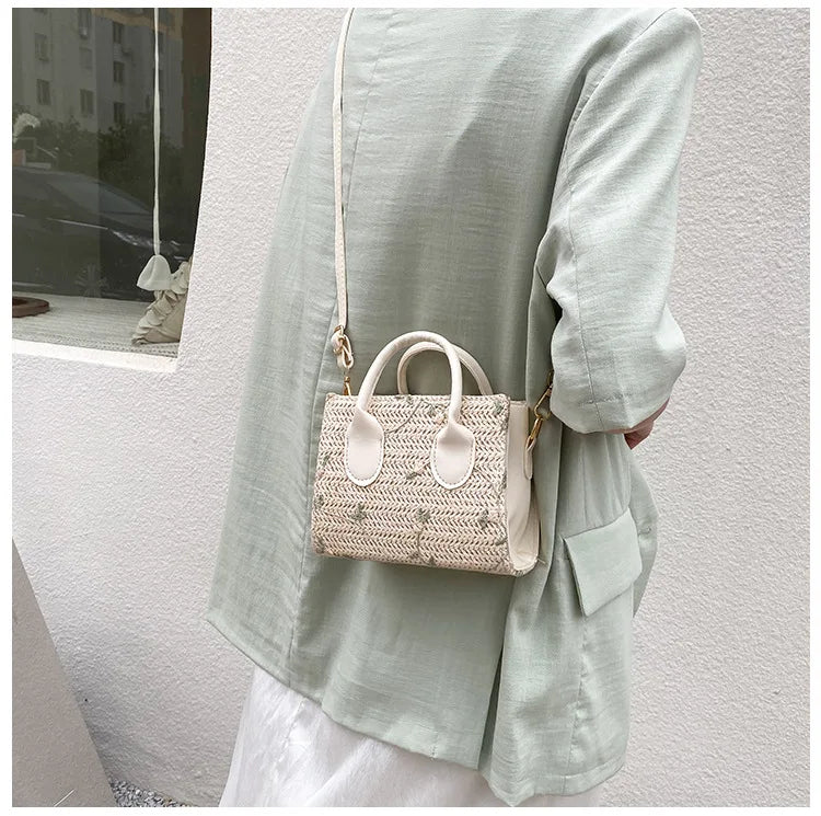 Boho Floral Embroidery Woven Handbag | Convertible Top Handle & Crossbody Bag