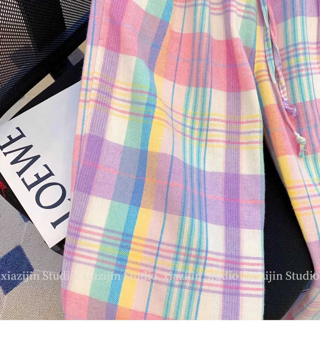 Color plaid wide-leg pants women's summer high waist retro Joker design loose pocket straight casual pants.