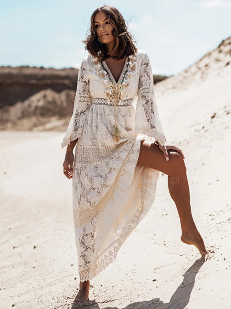 Lace Hollow-Out Boho Maxi Dress | Flare Sleeve Tassel Trim