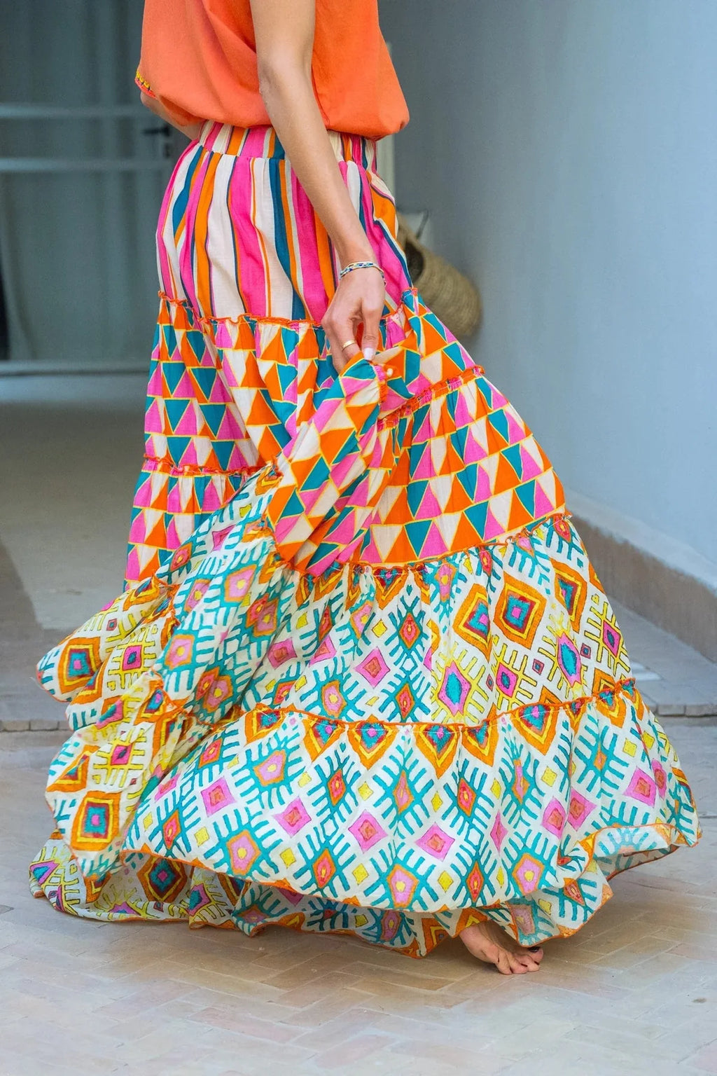 Boho Print A-Line Maxi Skirt | Elastic Waist Ruffle Hem Beach Skirt