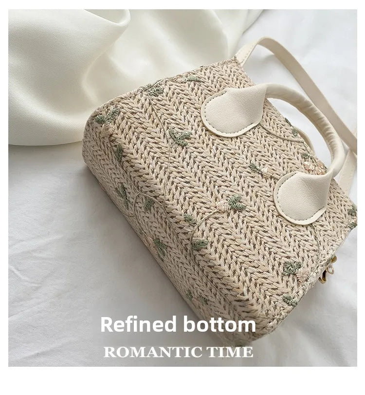 Boho Floral Embroidery Woven Handbag | Convertible Top Handle & Crossbody Bag